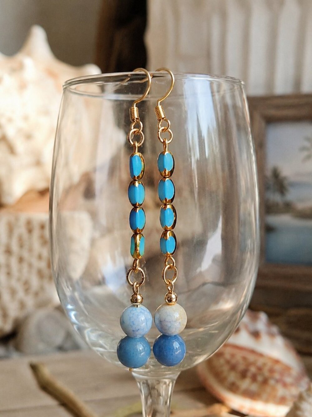 Porcelain & Aventurine Dangle Earrings – Coastal Grandmother, Boho Gold Jewelry - Picture 2 of 12